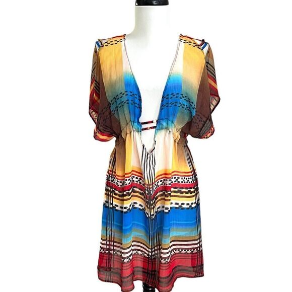 Becca Swimsuit Coverup mini dress M L Just a Peak Tunic Coloful Boho Resort - Picture 1 of 11